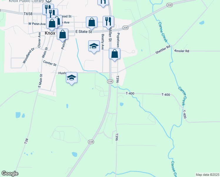map of restaurants, bars, coffee shops, grocery stores, and more near 8784 Pennsylvania 338 in Knox
