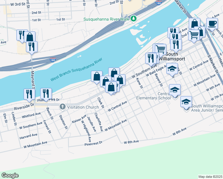 map of restaurants, bars, coffee shops, grocery stores, and more near 1320 West Southern Avenue in South Williamsport