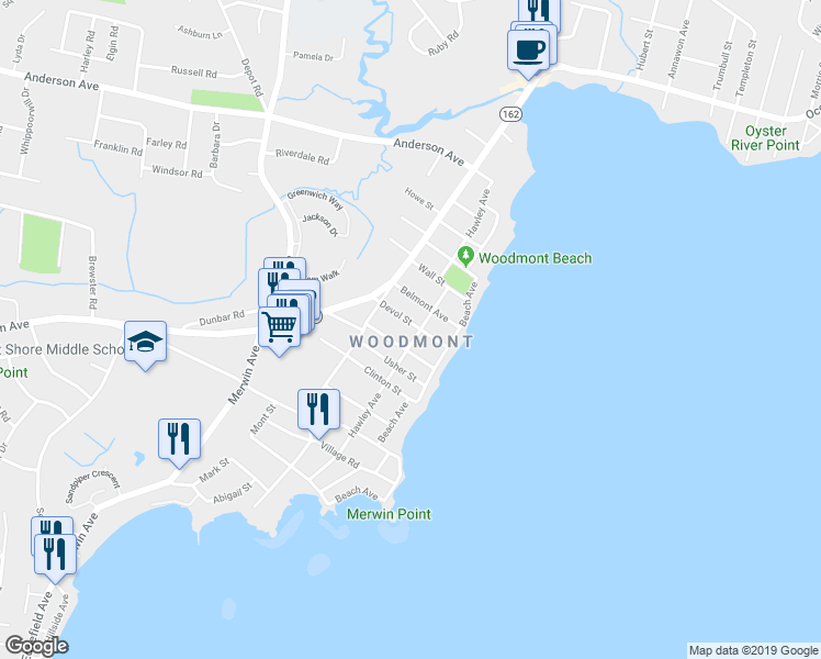 map of restaurants, bars, coffee shops, grocery stores, and more near 16 Devol Street in Milford