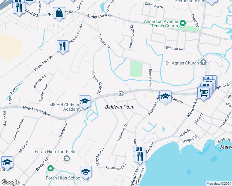 map of restaurants, bars, coffee shops, grocery stores, and more near 1120 New Haven Avenue in Milford