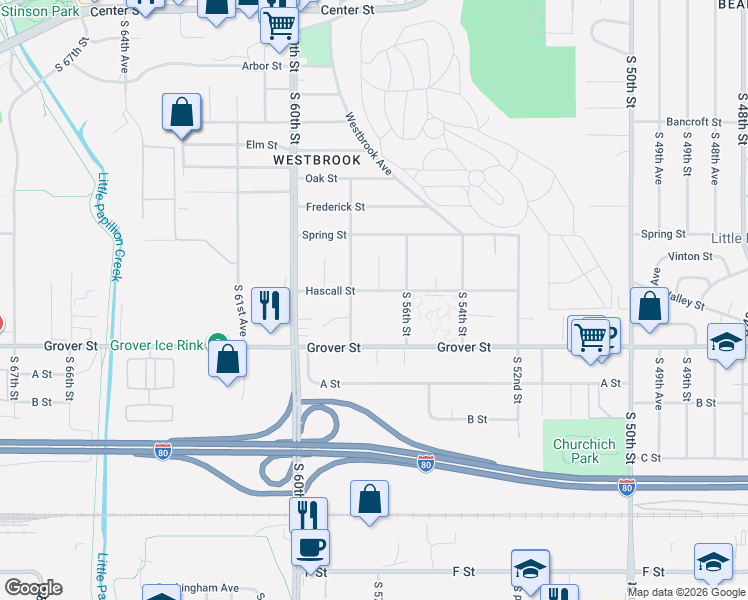 map of restaurants, bars, coffee shops, grocery stores, and more near 3218 South 57th Circle in Omaha