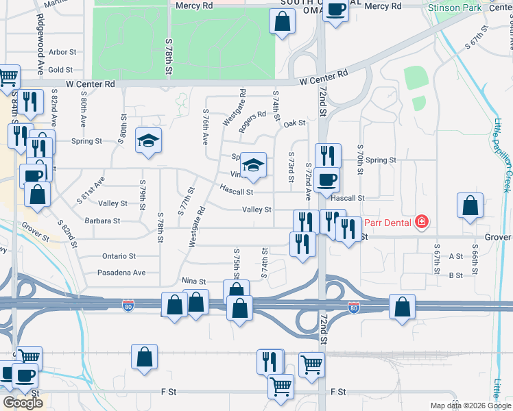 map of restaurants, bars, coffee shops, grocery stores, and more near 7433 Hascall Street in Omaha