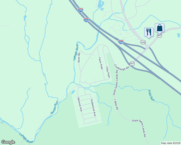 map of restaurants, bars, coffee shops, grocery stores, and more near 82 Pocono Frst in Gouldsboro