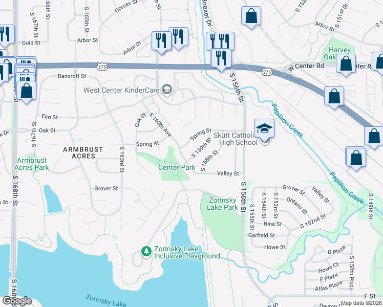 map of restaurants, bars, coffee shops, grocery stores, and more near 15935 Spring Street in Omaha