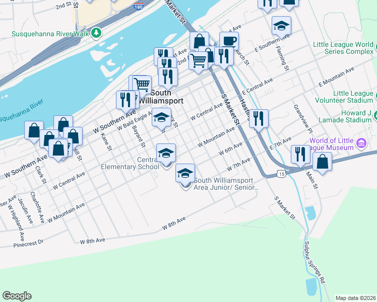map of restaurants, bars, coffee shops, grocery stores, and more near 498 Percy Street in South Williamsport