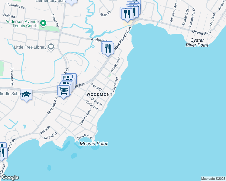 map of restaurants, bars, coffee shops, grocery stores, and more near Beach Avenue & Belmont Avenue in Milford