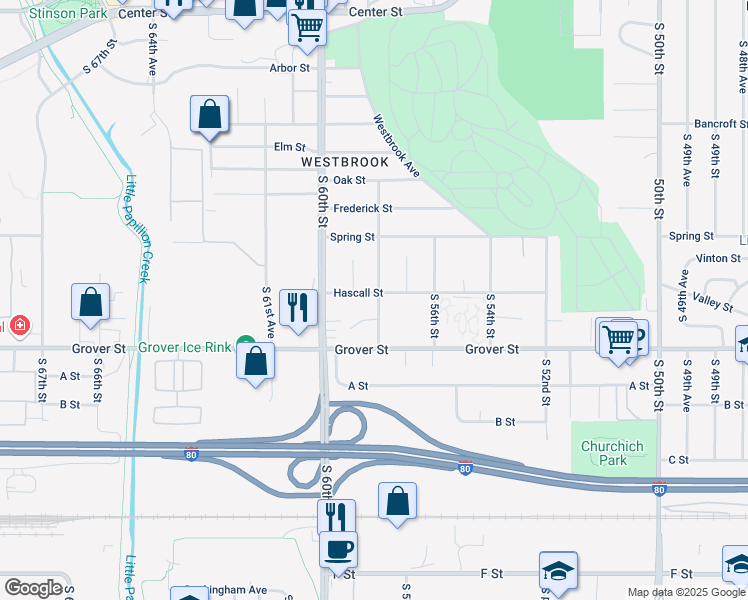 map of restaurants, bars, coffee shops, grocery stores, and more near 5810 Hascall Street in Omaha