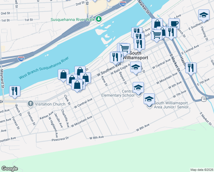 map of restaurants, bars, coffee shops, grocery stores, and more near 350 Kane St in South Williamsport