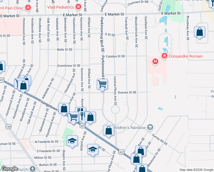 map of restaurants, bars, coffee shops, grocery stores, and more near 847 Perkinswood Boulevard Southeast in Warren