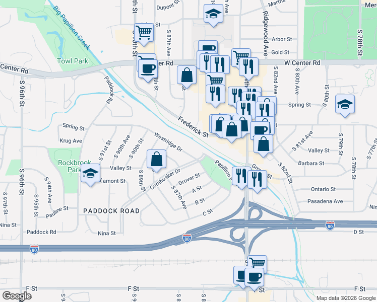 map of restaurants, bars, coffee shops, grocery stores, and more near 8660 Westridge Drive in Omaha