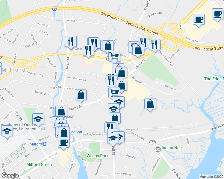 map of restaurants, bars, coffee shops, grocery stores, and more near 162 Cherry Street in Milford