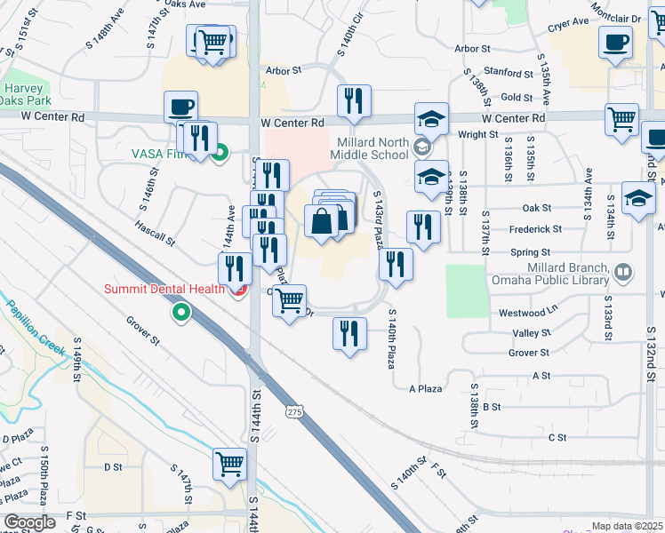 map of restaurants, bars, coffee shops, grocery stores, and more near 3420 Oak View Drive in Omaha