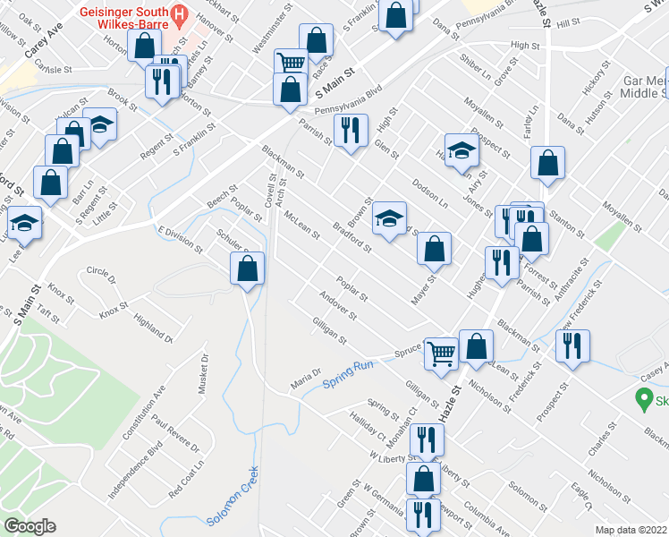 map of restaurants, bars, coffee shops, grocery stores, and more near 192 Poplar Street in Wilkes-Barre