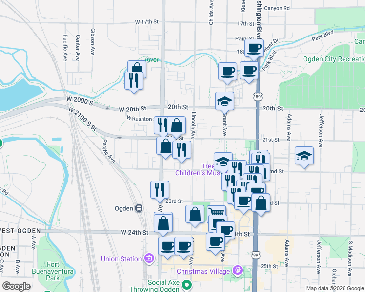 map of restaurants, bars, coffee shops, grocery stores, and more near 2120 Pingree Avenue East in Ogden