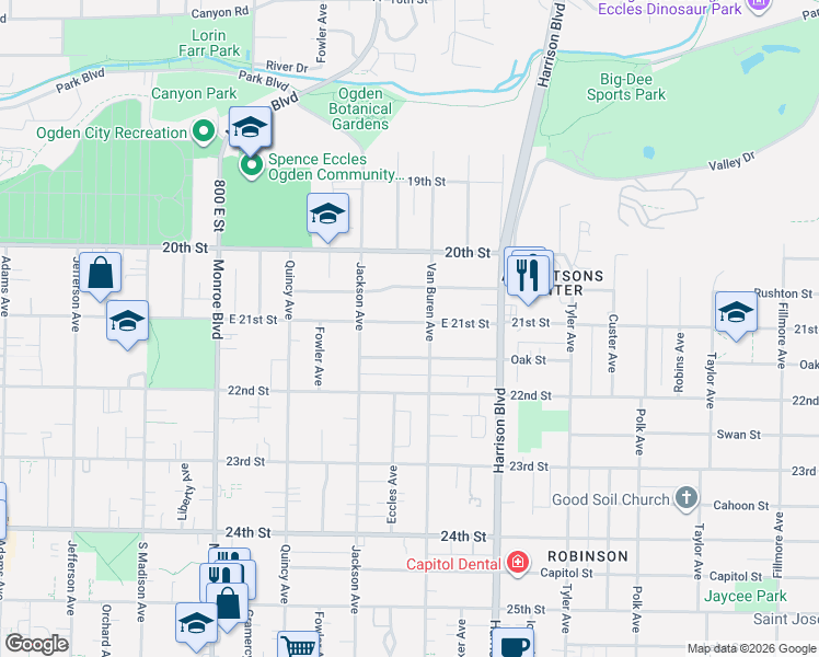 map of restaurants, bars, coffee shops, grocery stores, and more near 1065 East 21st Street in Ogden
