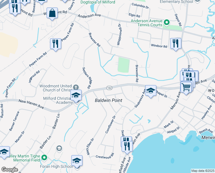 map of restaurants, bars, coffee shops, grocery stores, and more near 1120 New Haven Avenue in Milford