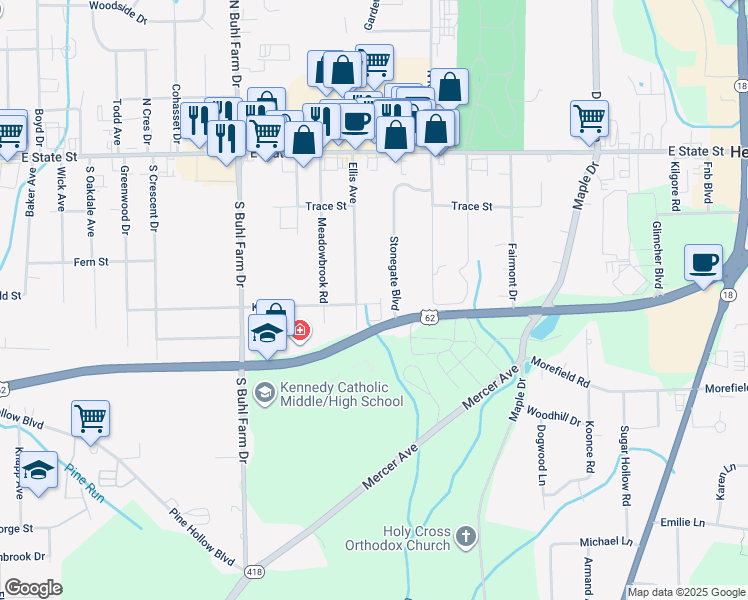 map of restaurants, bars, coffee shops, grocery stores, and more near 249 Ellis Avenue in Hermitage