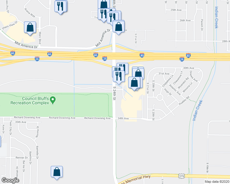 map of restaurants, bars, coffee shops, grocery stores, and more near 3265 South 24th Street in Council Bluffs