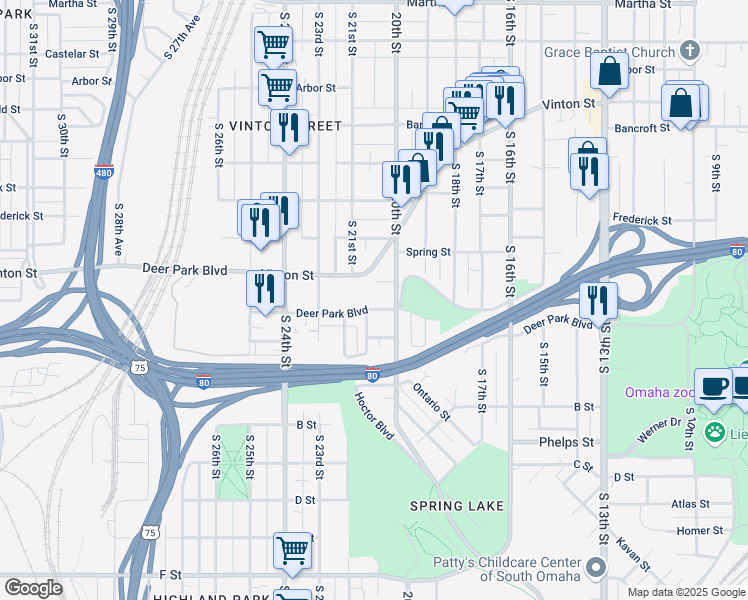 map of restaurants, bars, coffee shops, grocery stores, and more near 2007 Atwood Avenue in Omaha