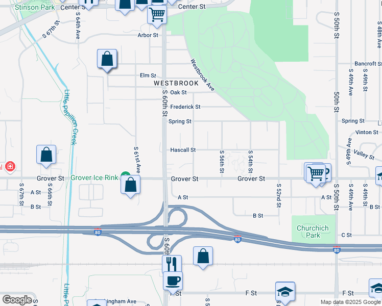 map of restaurants, bars, coffee shops, grocery stores, and more near 5810 Hascall Street in Omaha