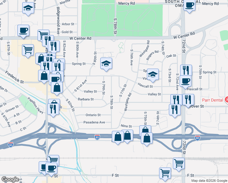 map of restaurants, bars, coffee shops, grocery stores, and more near 3290 South 77th Avenue in Omaha