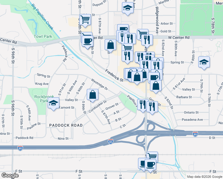 map of restaurants, bars, coffee shops, grocery stores, and more near 8660 Westridge Drive in Omaha
