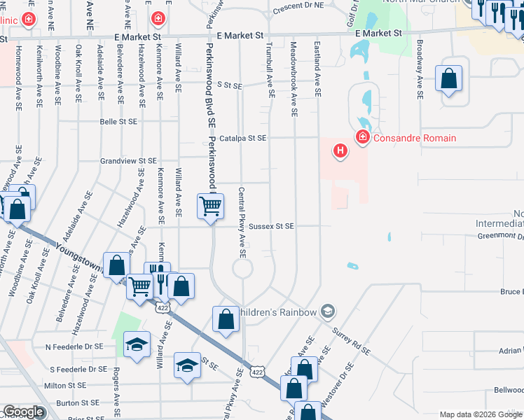 map of restaurants, bars, coffee shops, grocery stores, and more near 865 Central Parkway Avenue Southeast in Warren