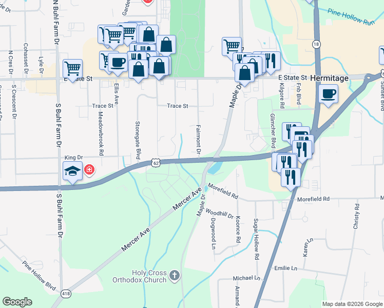 map of restaurants, bars, coffee shops, grocery stores, and more near 100-398 Fairmont Drive in Hermitage