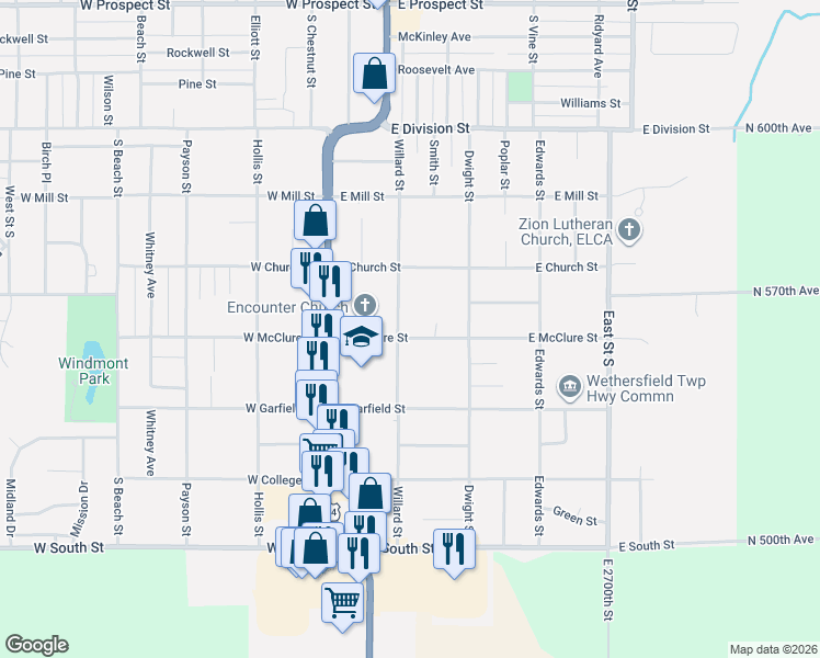 map of restaurants, bars, coffee shops, grocery stores, and more near 200-298 East McClure Street in Kewanee