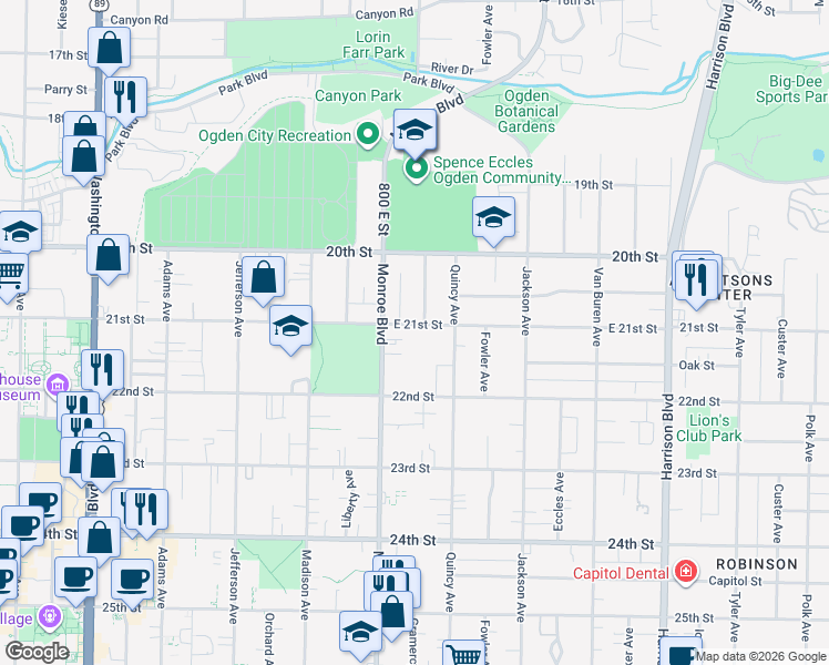 map of restaurants, bars, coffee shops, grocery stores, and more near 835 East 21st Street in Ogden