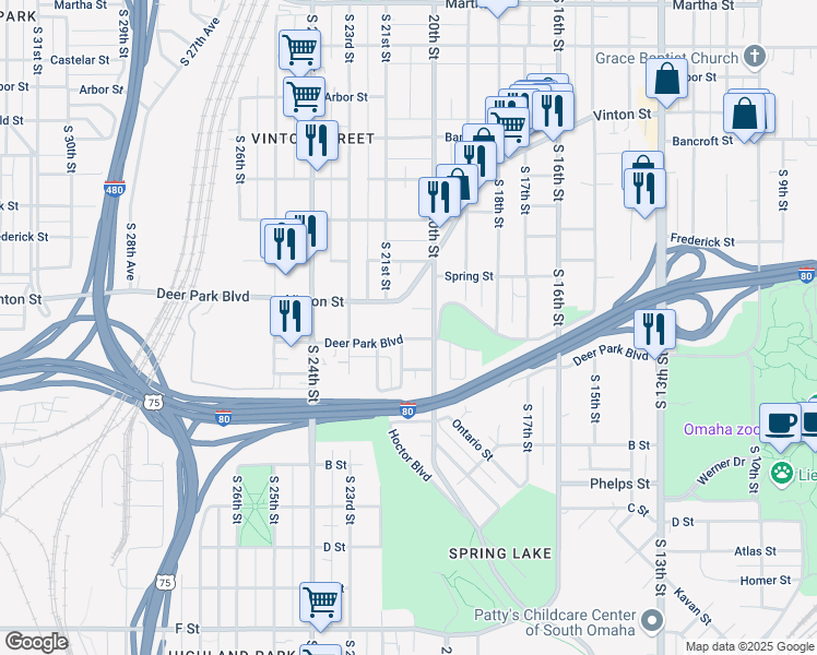 map of restaurants, bars, coffee shops, grocery stores, and more near 2007 Atwood Avenue in Omaha