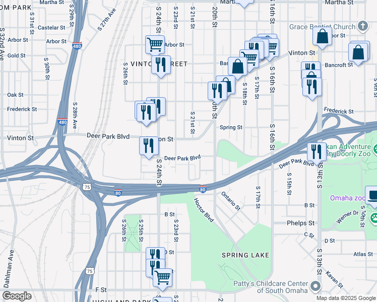 map of restaurants, bars, coffee shops, grocery stores, and more near 2120 Deer Park Boulevard in Omaha