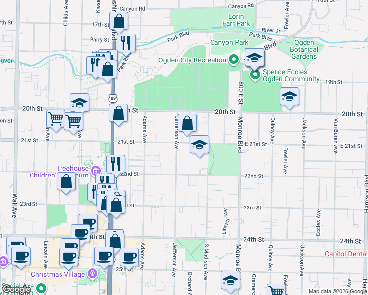 map of restaurants, bars, coffee shops, grocery stores, and more near 619 East 21st Street in Ogden