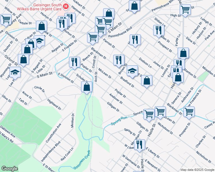 map of restaurants, bars, coffee shops, grocery stores, and more near 149 Poplar Street in Wilkes-Barre