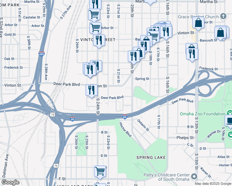 map of restaurants, bars, coffee shops, grocery stores, and more near 2120 Deer Park Boulevard in Omaha