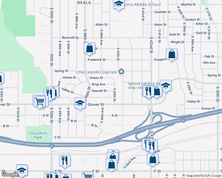 map of restaurants, bars, coffee shops, grocery stores, and more near 4521 Krug Avenue in Omaha