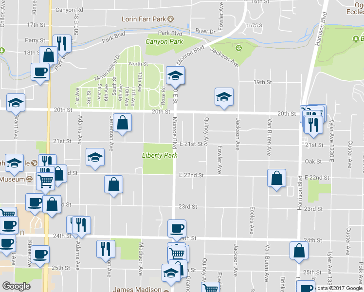 map of restaurants, bars, coffee shops, grocery stores, and more near 820 East 21st Street in Ogden