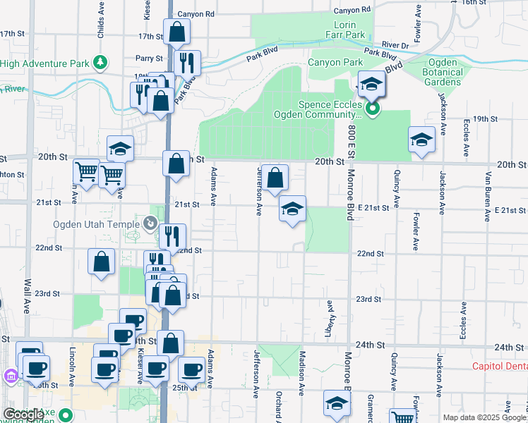 map of restaurants, bars, coffee shops, grocery stores, and more near 600 East 21st Street in Ogden