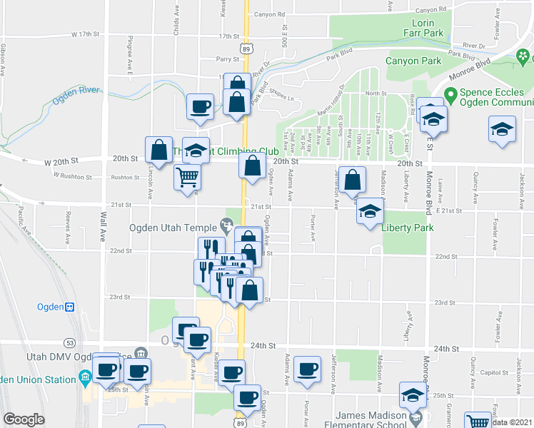 map of restaurants, bars, coffee shops, grocery stores, and more near 440 21st Street in Ogden
