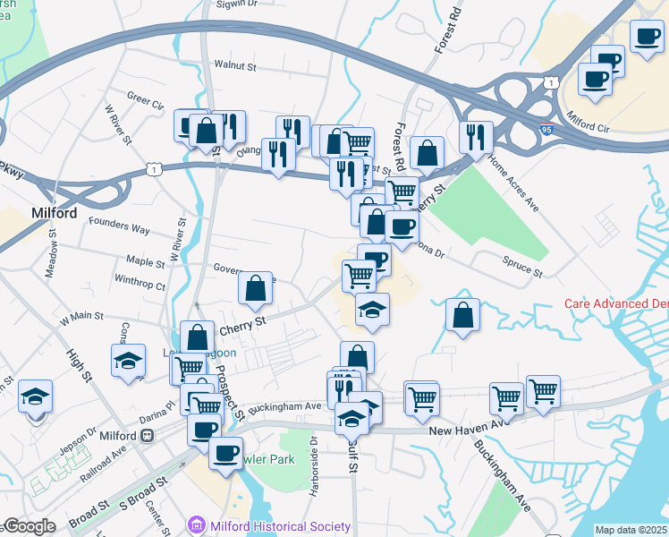 map of restaurants, bars, coffee shops, grocery stores, and more near 170 Cherry Street in Milford