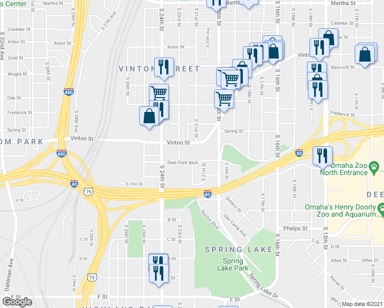 map of restaurants, bars, coffee shops, grocery stores, and more near 2109 Vinton Street in Omaha