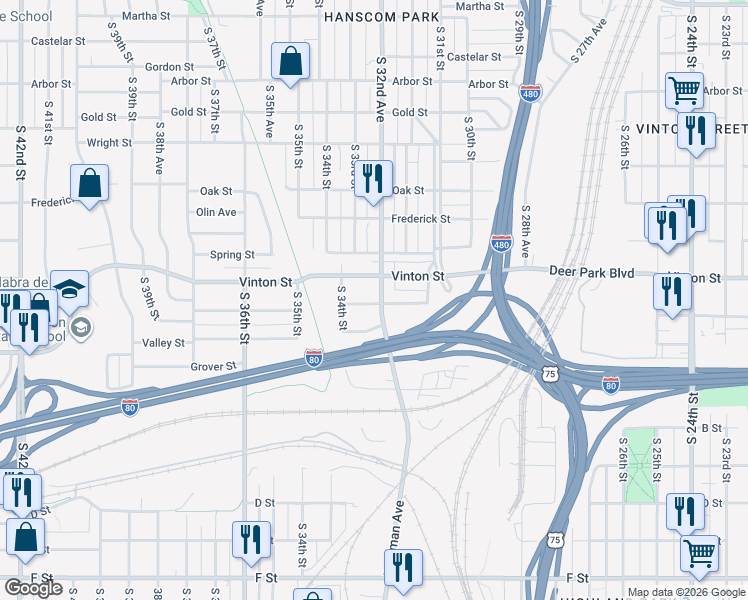 map of restaurants, bars, coffee shops, grocery stores, and more near 3264 Hascall Street in Omaha