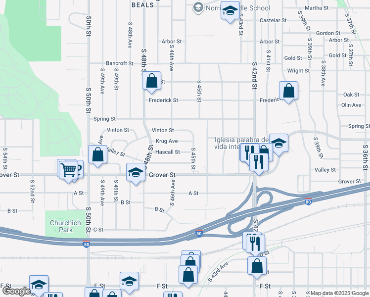 map of restaurants, bars, coffee shops, grocery stores, and more near 4521 Krug Avenue in Omaha