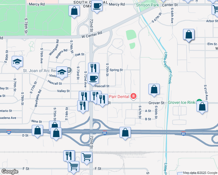 map of restaurants, bars, coffee shops, grocery stores, and more near 3221 South 70th Street in Omaha