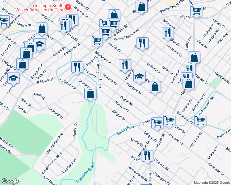 map of restaurants, bars, coffee shops, grocery stores, and more near 157 Poplar Street in Wilkes-Barre