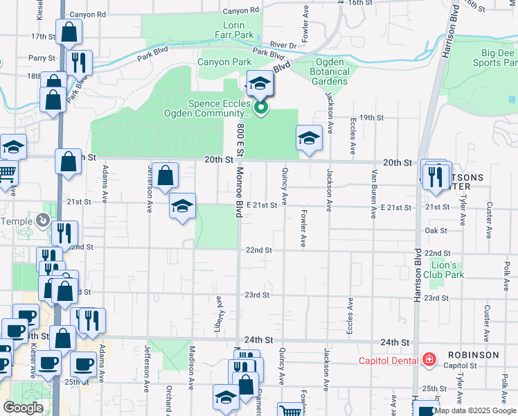 map of restaurants, bars, coffee shops, grocery stores, and more near 835 East 21st Street in Ogden
