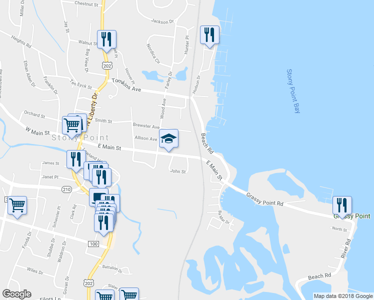 map of restaurants, bars, coffee shops, grocery stores, and more near 7 East Main Street in Stony Point