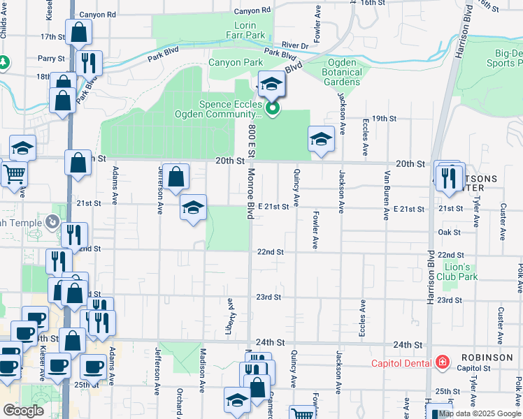 map of restaurants, bars, coffee shops, grocery stores, and more near 820 East 21st Street in Ogden