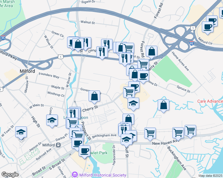map of restaurants, bars, coffee shops, grocery stores, and more near 88 Governors Avenue in Milford