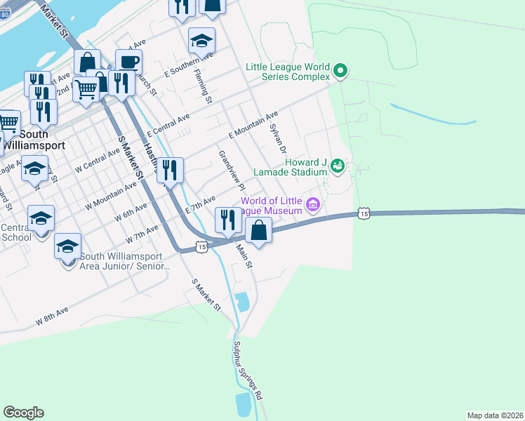 map of restaurants, bars, coffee shops, grocery stores, and more near 356 Sherwood Avenue in South Williamsport